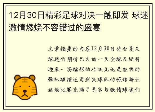 12月30日精彩足球对决一触即发 球迷激情燃烧不容错过的盛宴